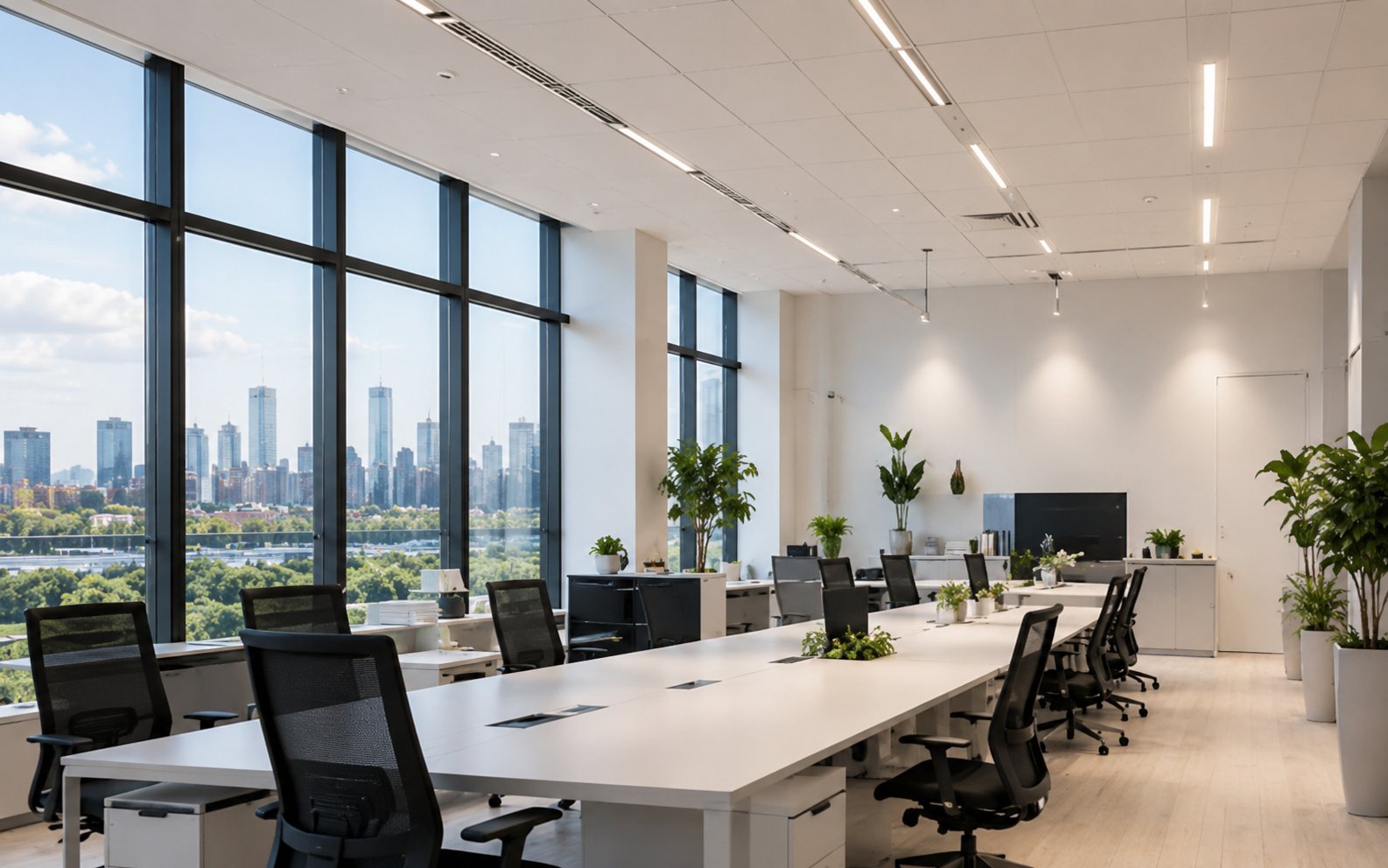 Commercial office with linear LED ceiling lighting