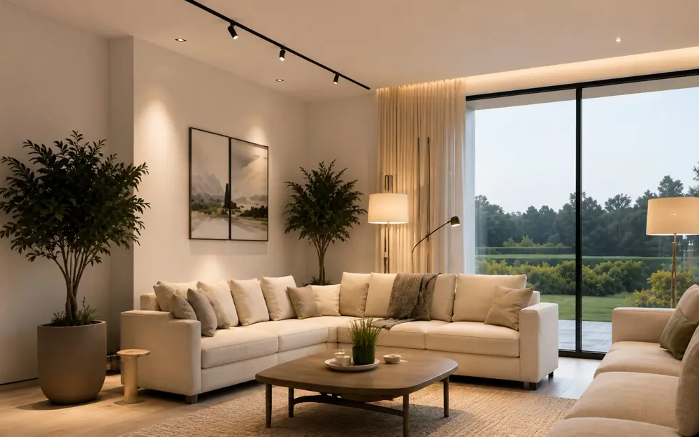 Warm living room with recessed and accent lighting