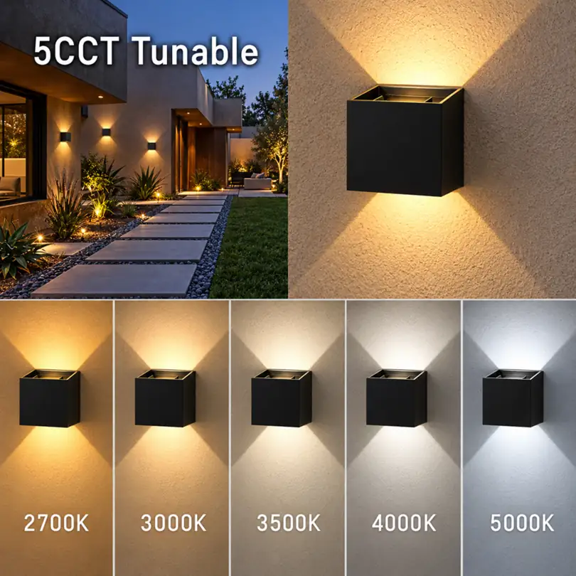 White-light examples from warm to cool. Five illustrated settings; the specified adjustable white range is 2700–6500K.