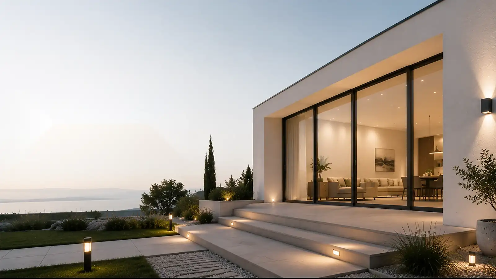 Contemporary home exterior with warm interior and outdoor lighting