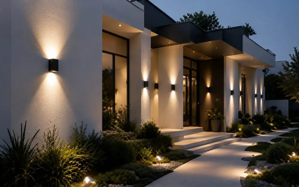 Exterior walls and entrance illuminated at dusk